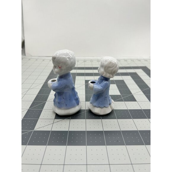 Set of Glazed Ceramic Girl and Boy Blue White Caroler Candle Holders - Picture 4 of 6